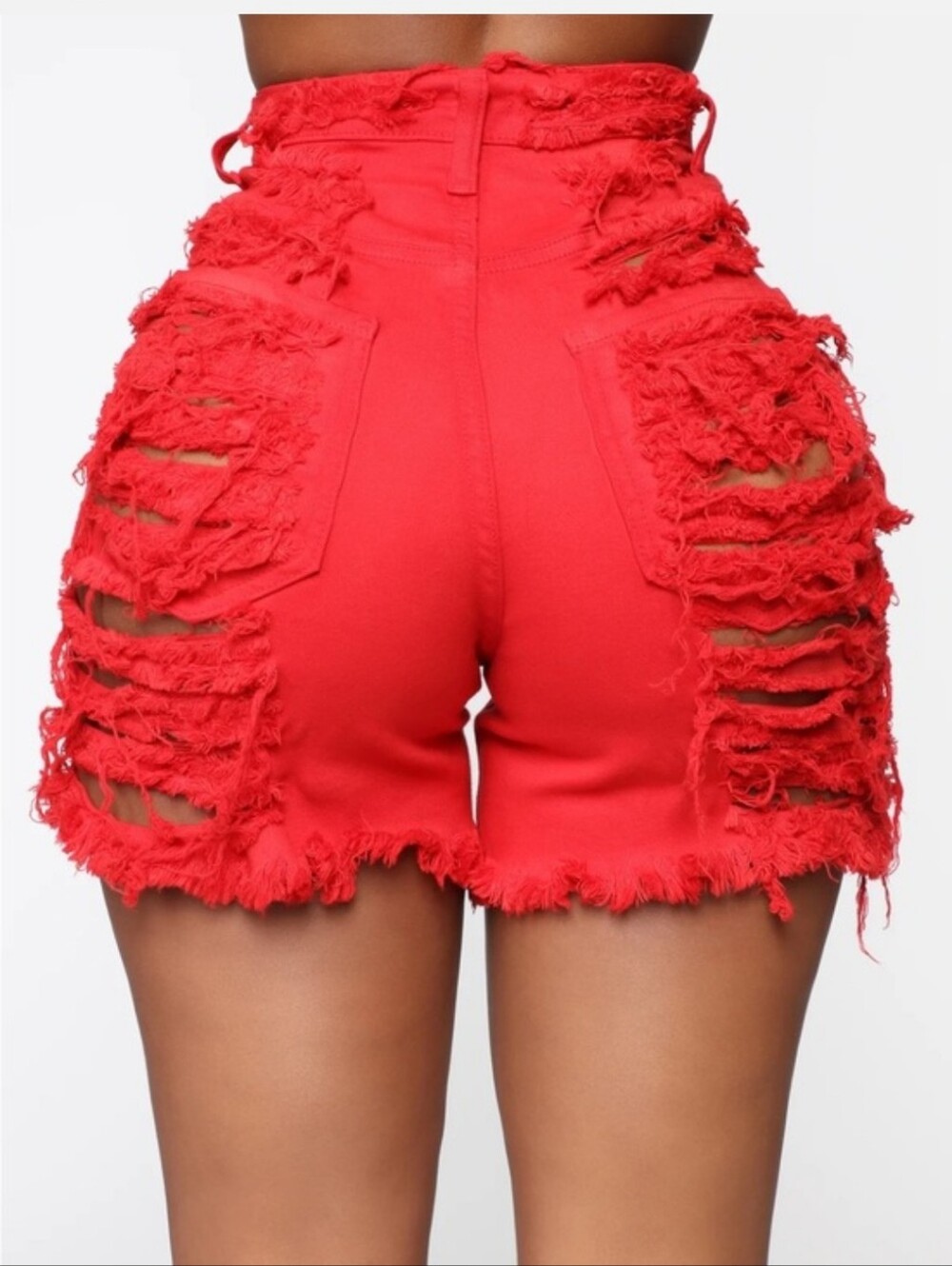Fashion Nova Red High-Rise Distressed Denim Shorts